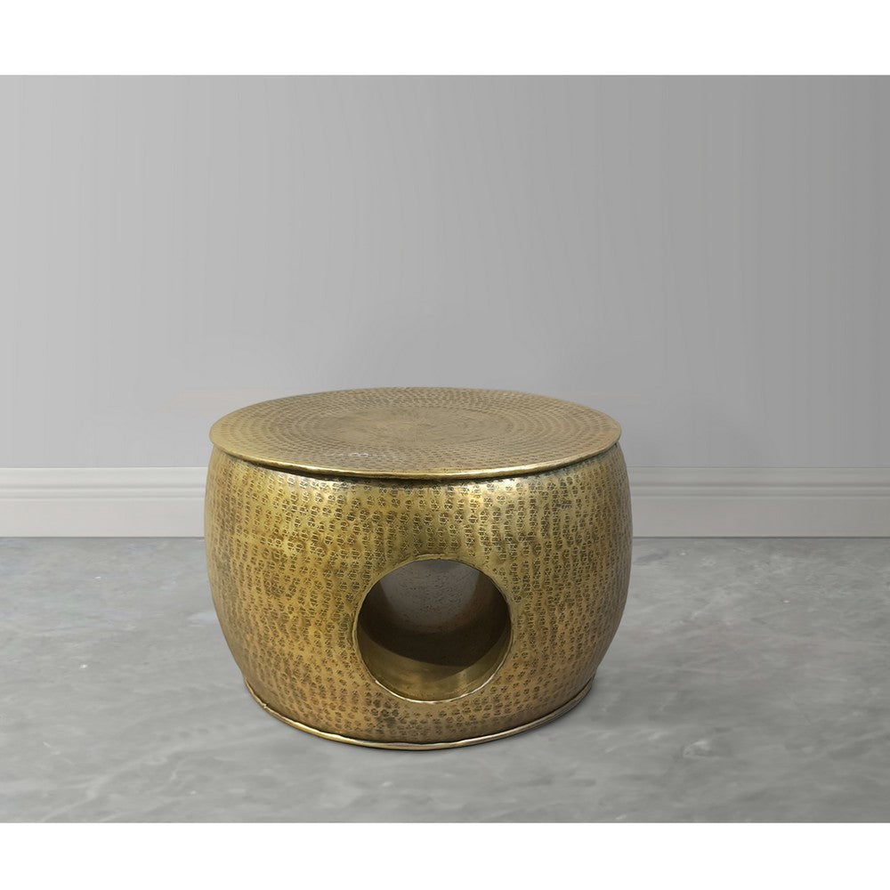The Urban Port Nala 23 Inch Coffee Table, Low Round Drum Shape with Unique Hollow Center, Antique Brass Aluminum