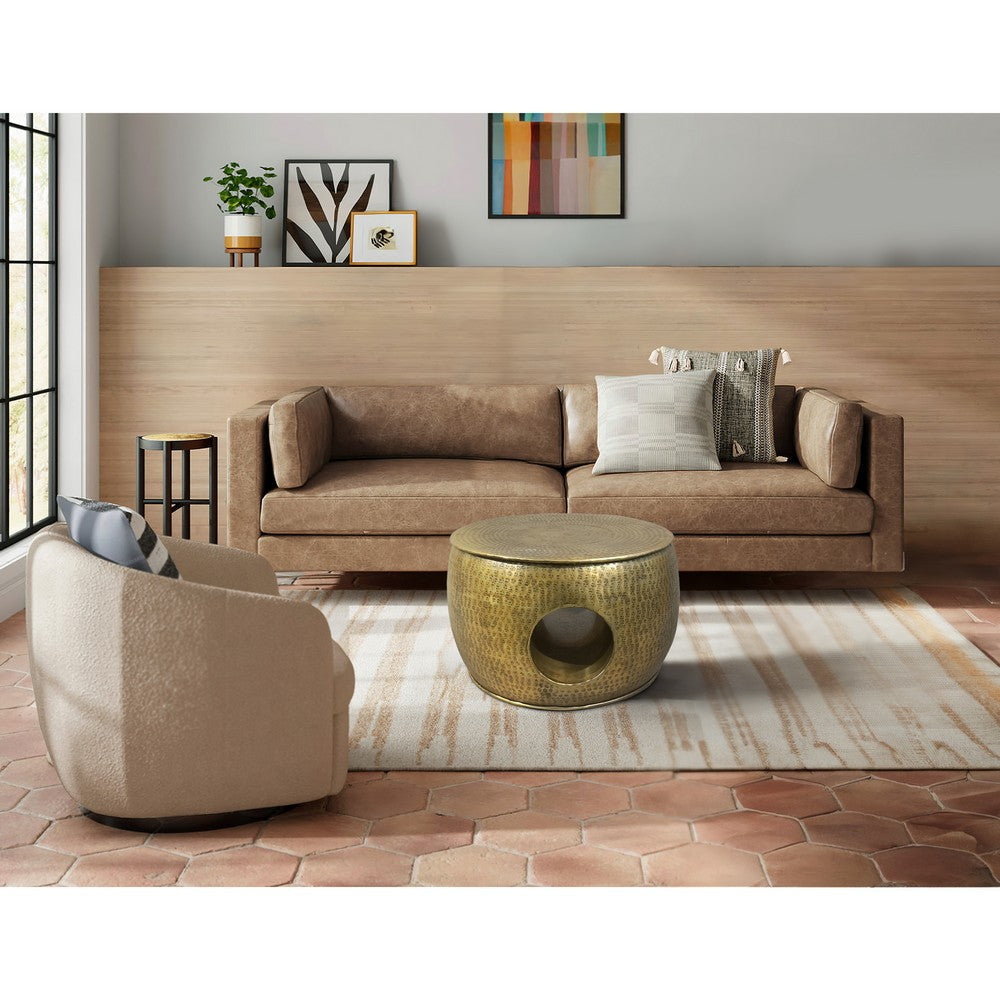 The Urban Port Nala 23 Inch Coffee Table, Low Round Drum Shape with Unique Hollow Center, Antique Brass Aluminum