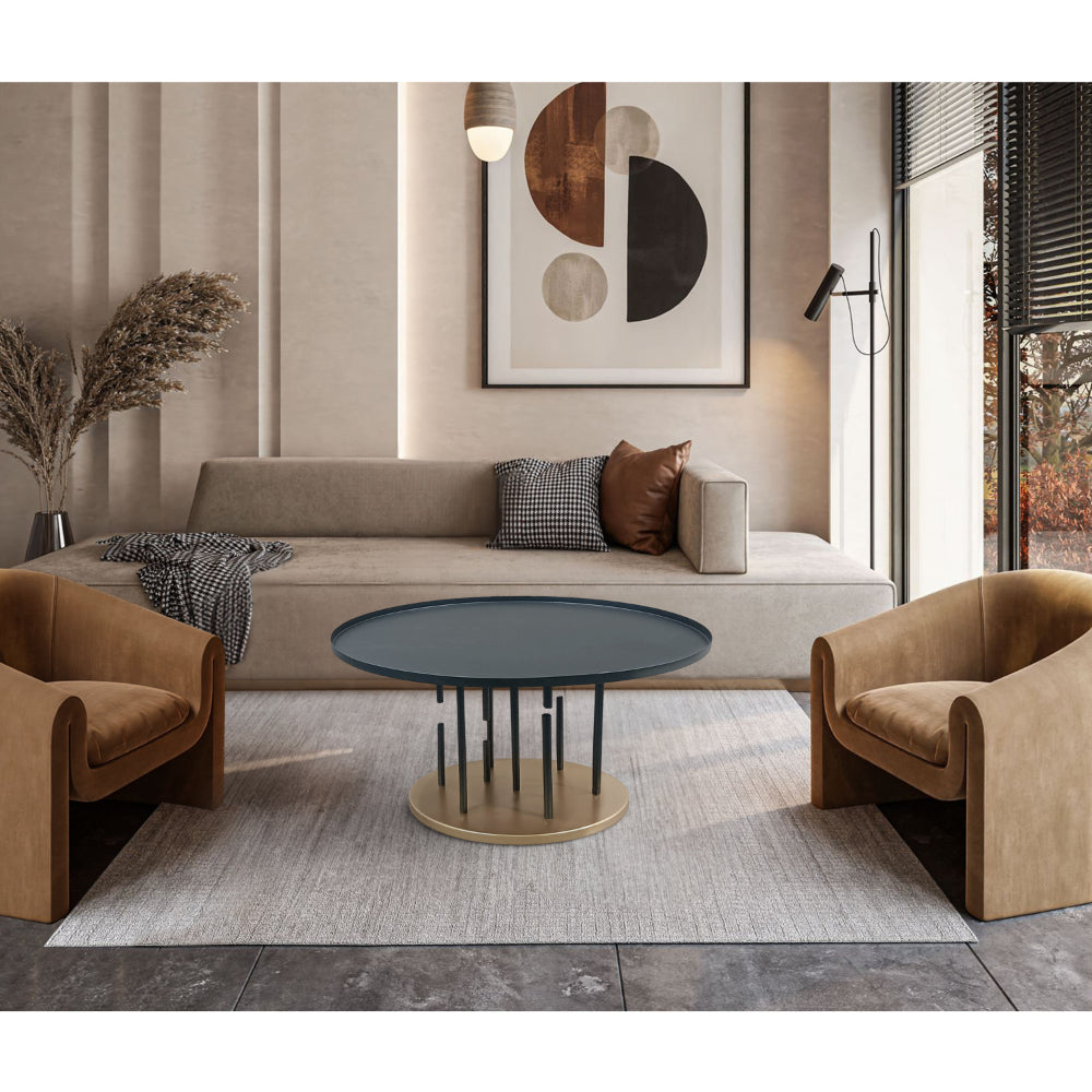 The Urban Port Neci 31 Inch Coffee Table, Round Matte Black Tray Top, Modern Rod Supports with Brass Base