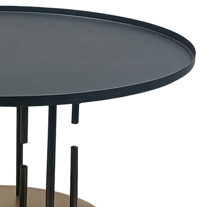 The Urban Port Neci 31 Inch Coffee Table, Round Matte Black Tray Top, Modern Rod Supports with Brass Base