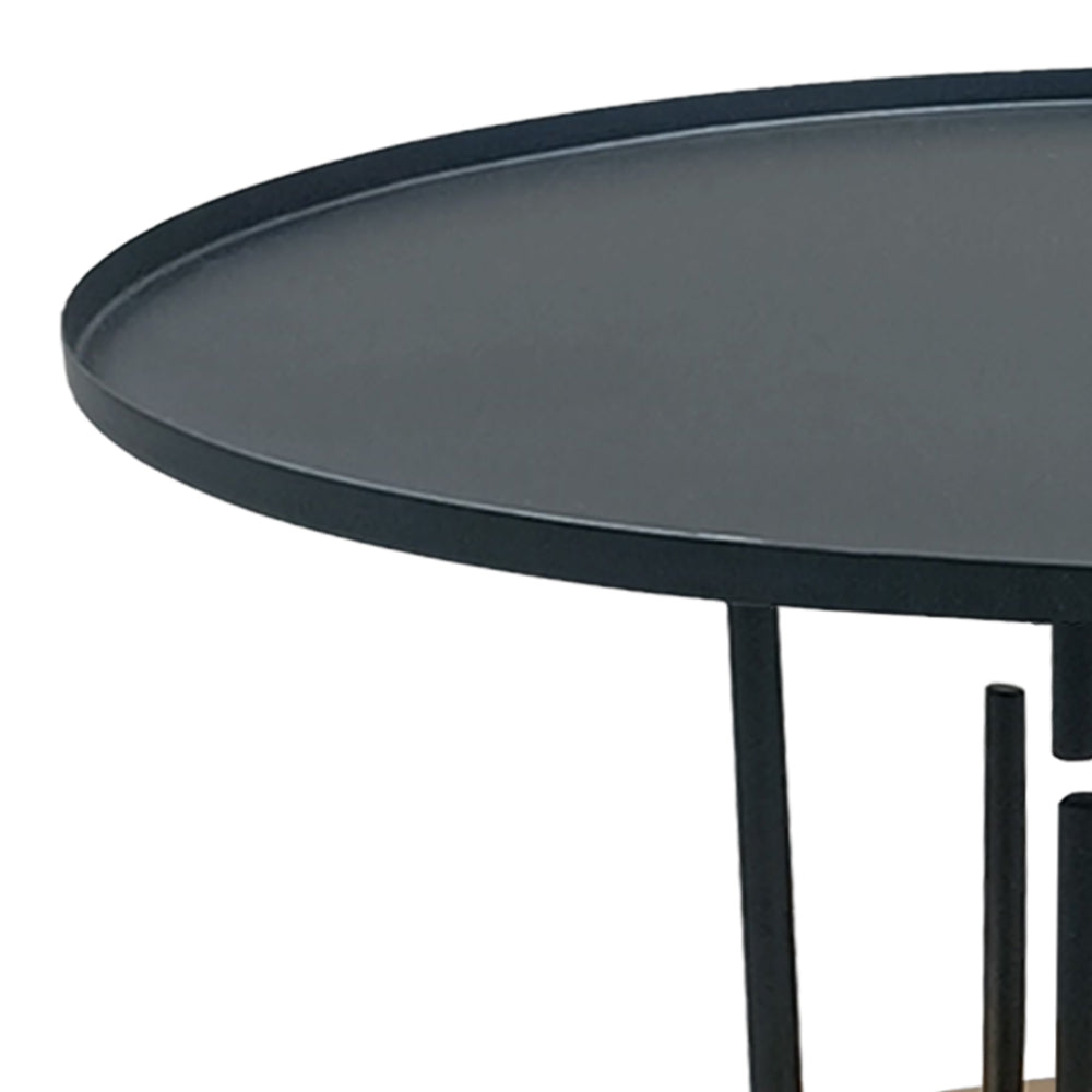 The Urban Port Neci 31 Inch Coffee Table, Round Matte Black Tray Top, Modern Rod Supports with Brass Base
