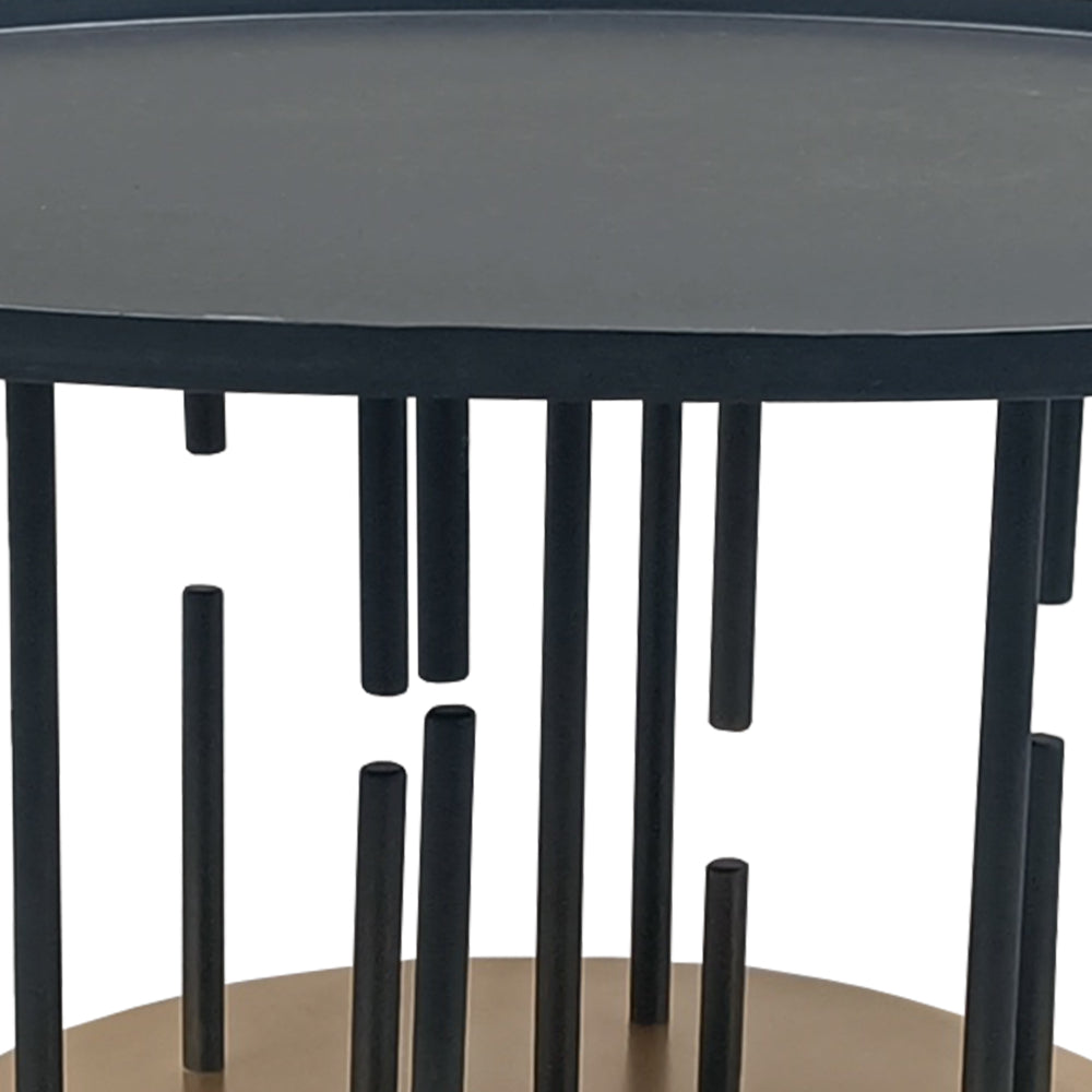 The Urban Port Neci 31 Inch Coffee Table, Round Matte Black Tray Top, Modern Rod Supports with Brass Base