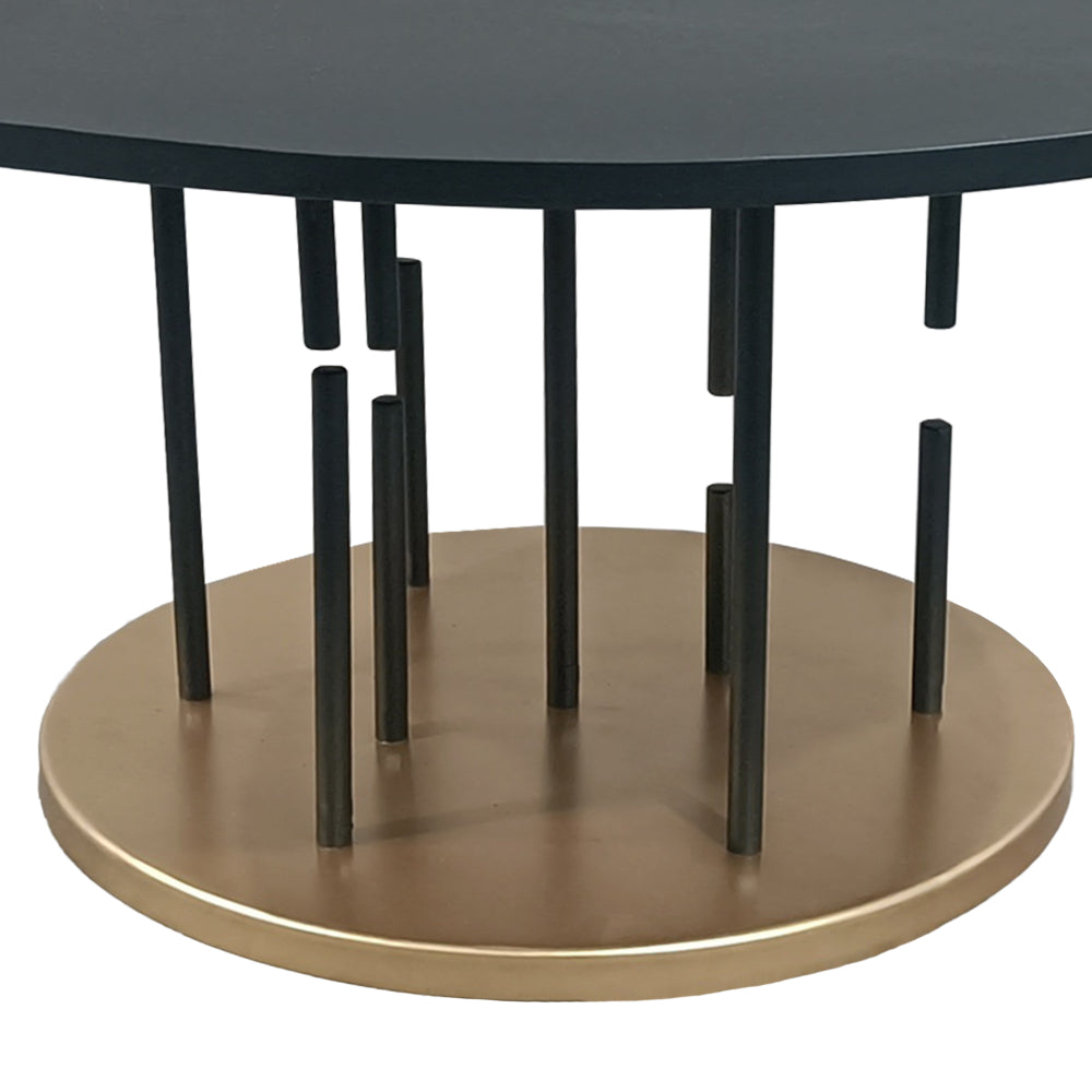 The Urban Port Neci 31 Inch Coffee Table, Round Matte Black Tray Top, Modern Rod Supports with Brass Base