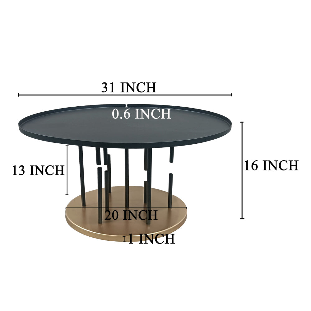 The Urban Port Neci 31 Inch Coffee Table, Round Matte Black Tray Top, Modern Rod Supports with Brass Base