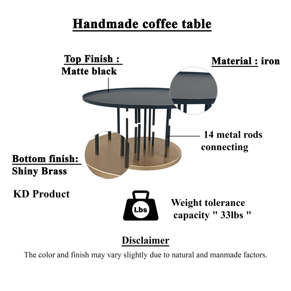 The Urban Port Neci 31 Inch Coffee Table, Round Matte Black Tray Top, Modern Rod Supports with Brass Base