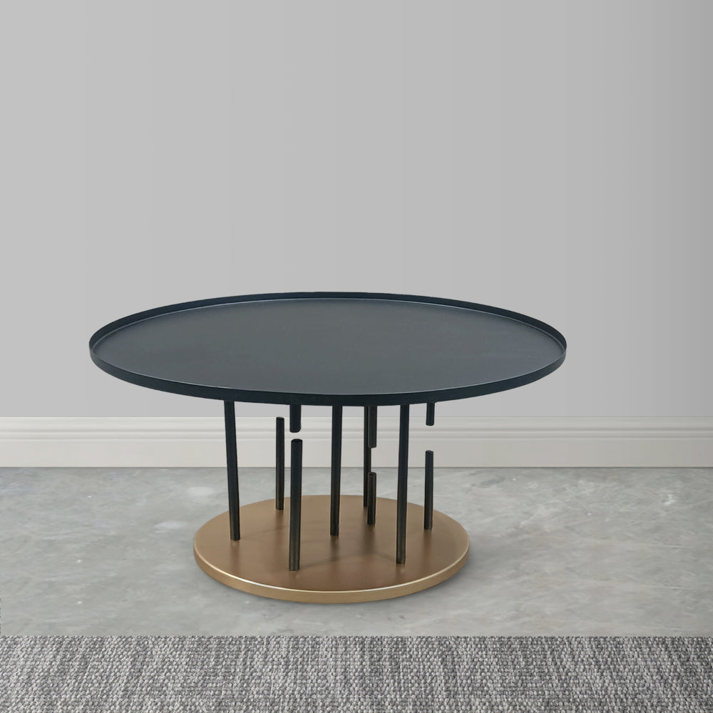 The Urban Port Neci 31 Inch Coffee Table, Round Matte Black Tray Top, Modern Rod Supports with Brass Base