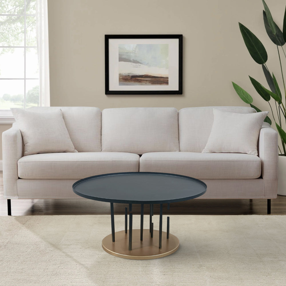 The Urban Port Neci 31 Inch Coffee Table, Round Matte Black Tray Top, Modern Rod Supports with Brass Base