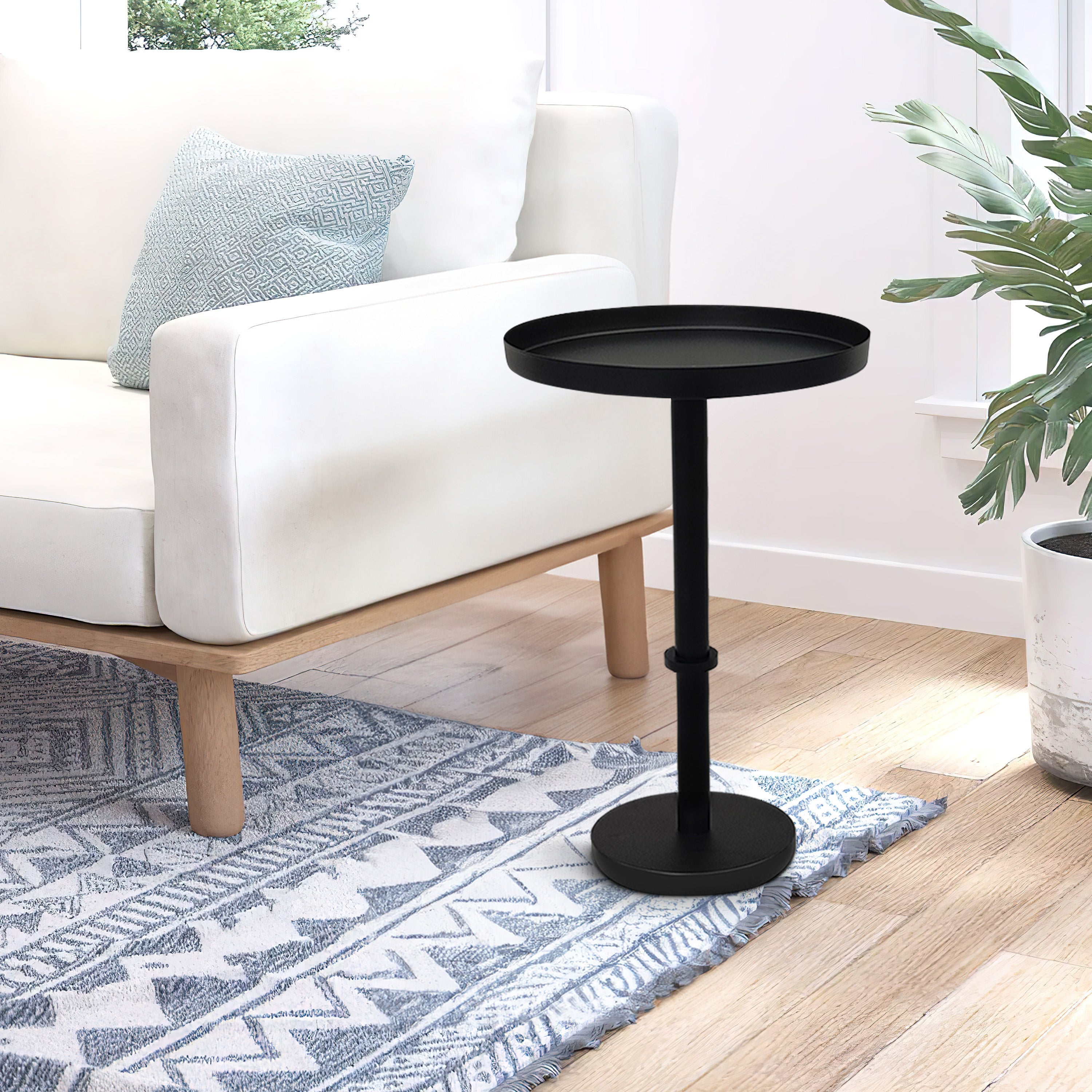 The Urban Port Ara 22 Inch Side End Table, Vintage Sleek Pillar Base, Round Tray Top, Matte Black