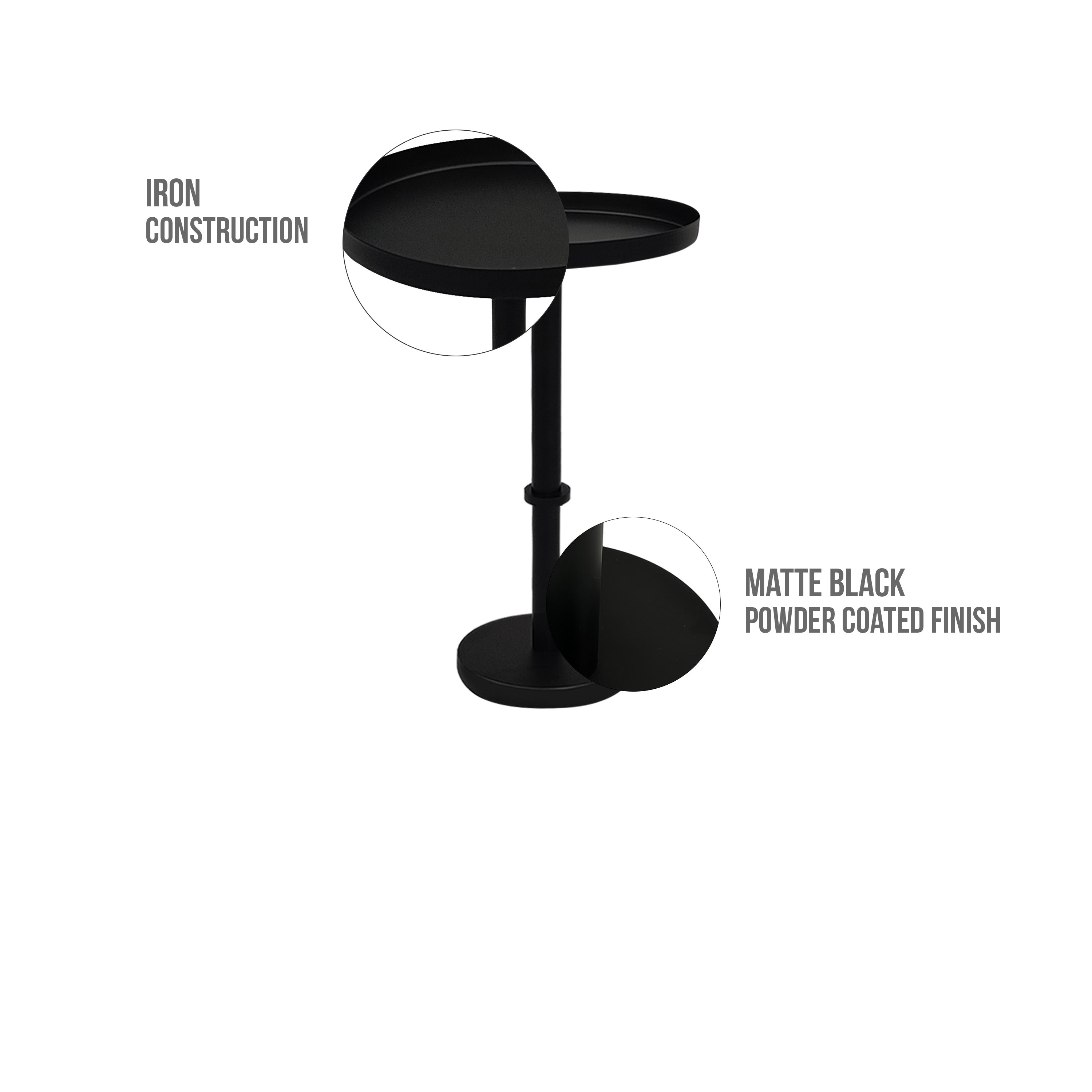 The Urban Port Ara 22 Inch Side End Table, Vintage Sleek Pillar Base, Round Tray Top, Matte Black