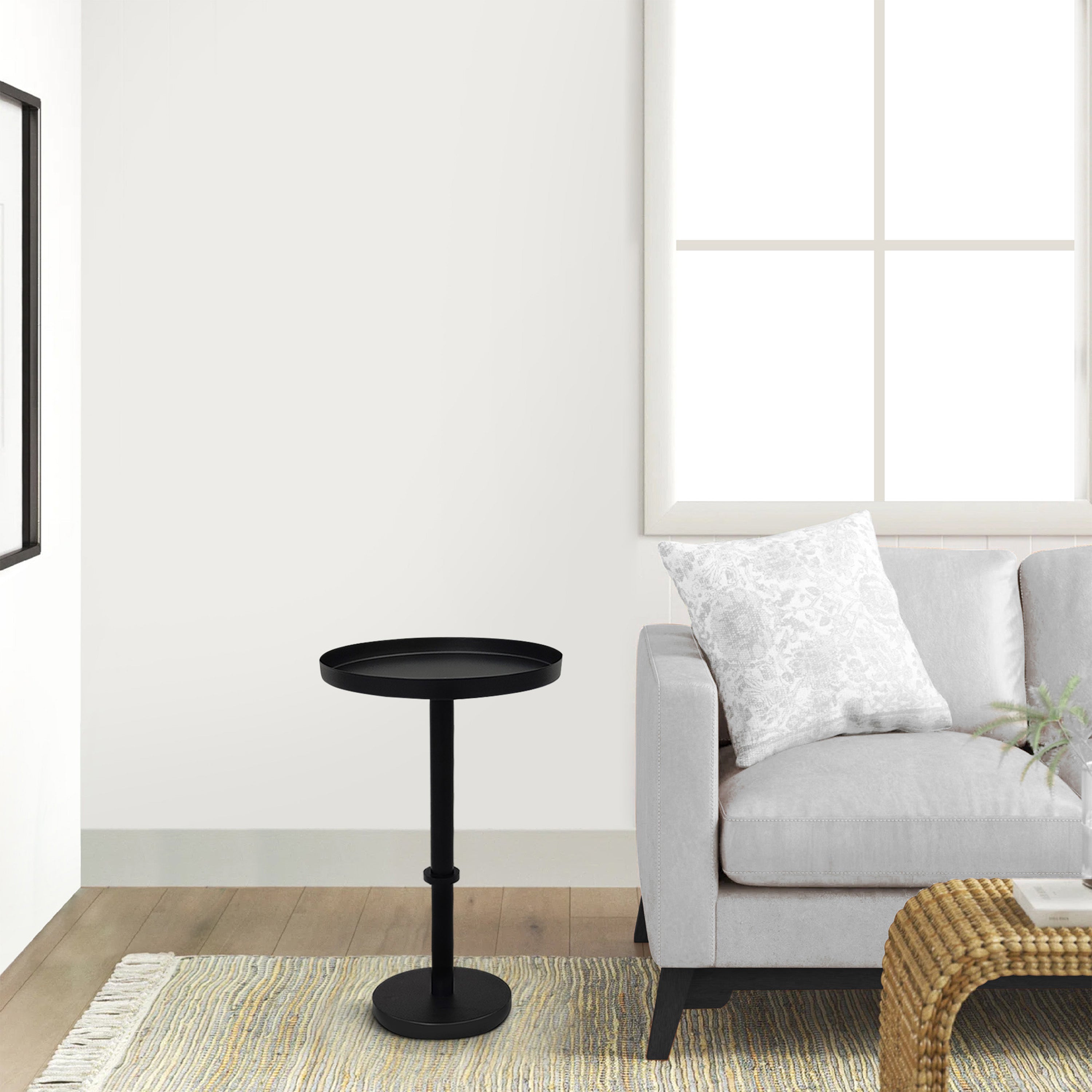 The Urban Port Ara 22 Inch Side End Table, Vintage Sleek Pillar Base, Round Tray Top, Matte Black