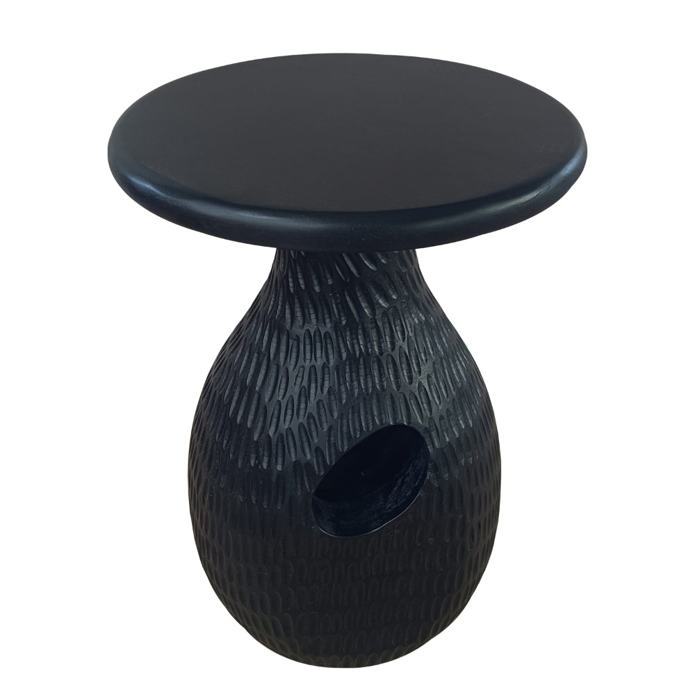 The Urban Port 14 Inch Side End Table, Artisan Handcrafted Mango Wood, Embossed Teardrop Shaped Base, Black