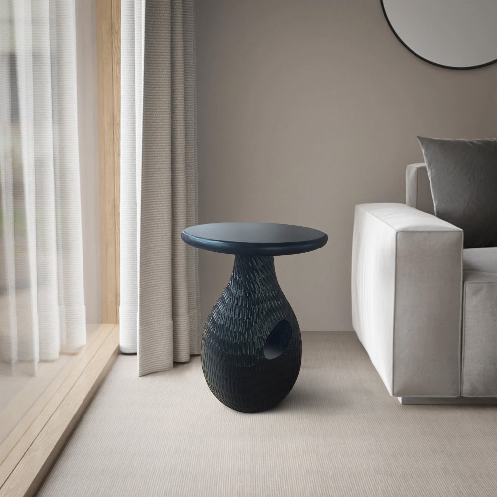 The Urban Port 14 Inch Side End Table, Artisan Handcrafted Mango Wood, Embossed Teardrop Shaped Base, Black