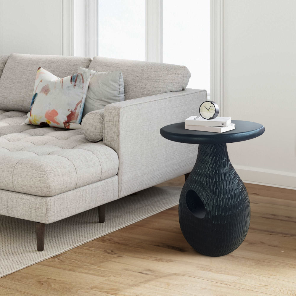 The Urban Port 14 Inch Side End Table, Artisan Handcrafted Mango Wood, Embossed Teardrop Shaped Base, Black