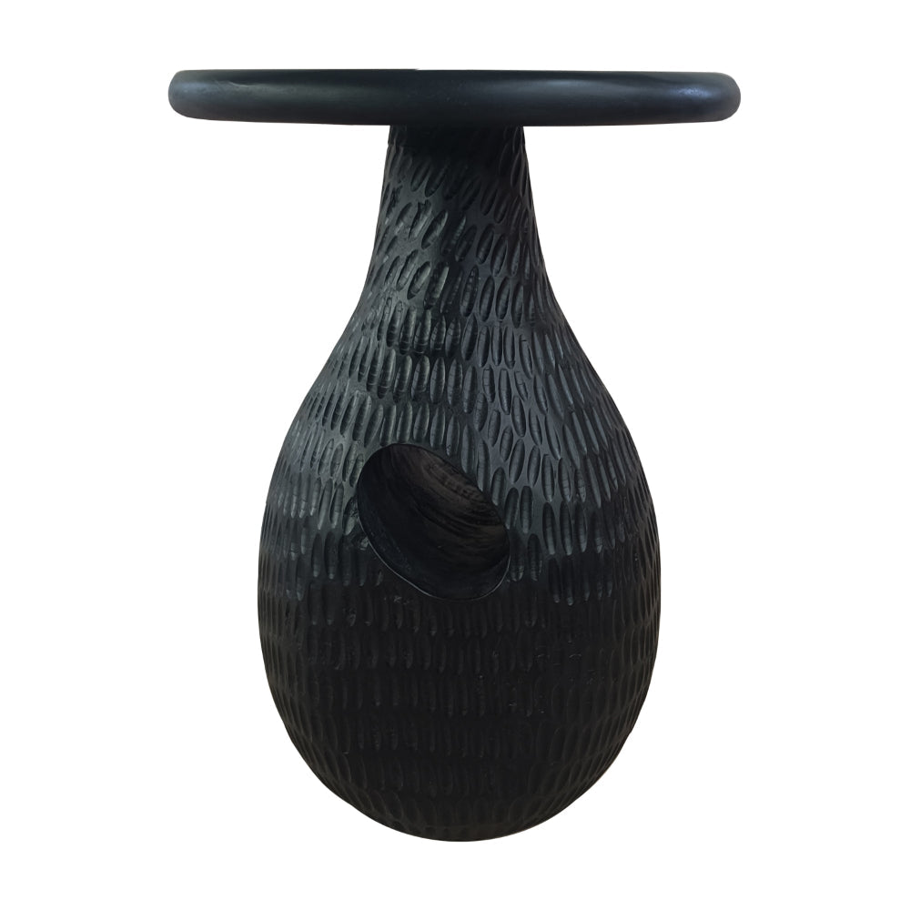 The Urban Port 14 Inch Side End Table, Artisan Handcrafted Mango Wood, Embossed Teardrop Shaped Base, Black