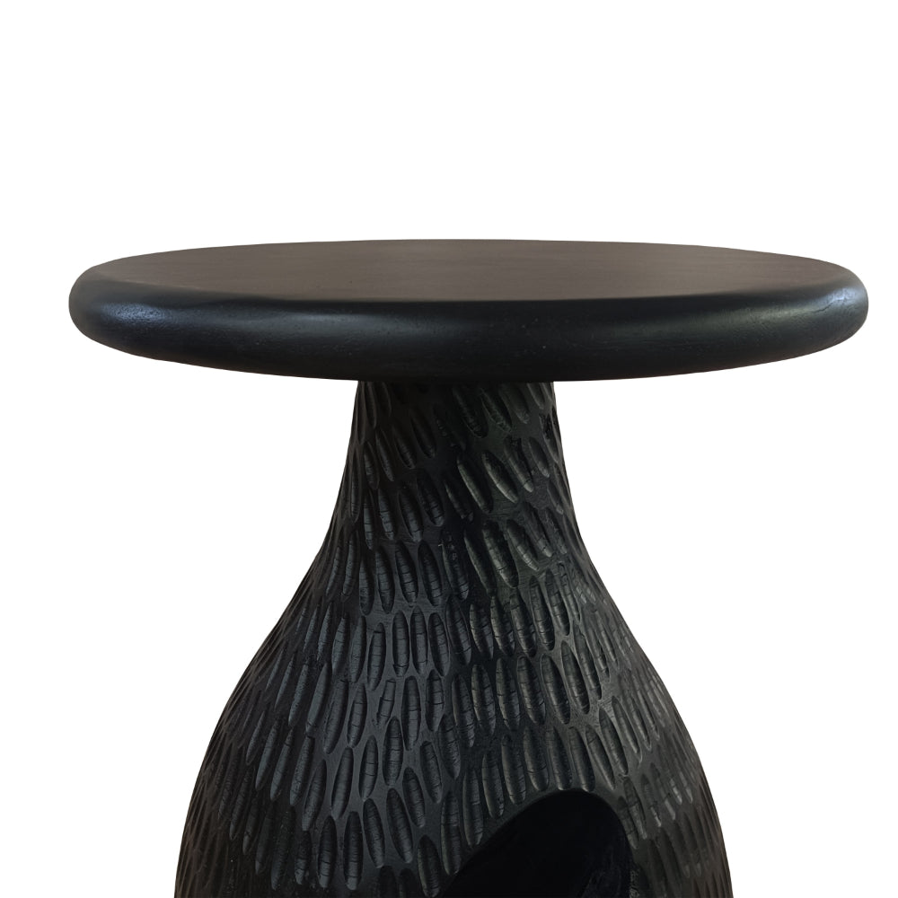 The Urban Port 14 Inch Side End Table, Artisan Handcrafted Mango Wood, Embossed Teardrop Shaped Base, Black
