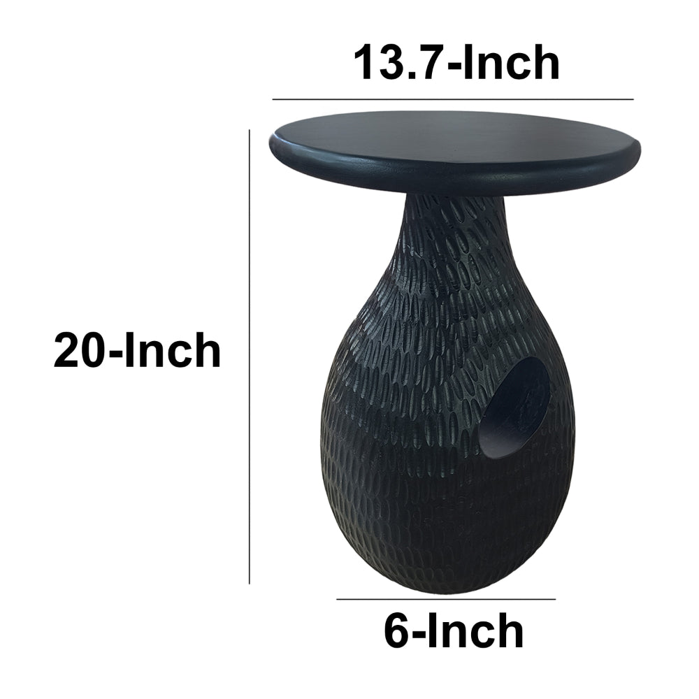 The Urban Port 14 Inch Side End Table, Artisan Handcrafted Mango Wood, Embossed Teardrop Shaped Base, Black
