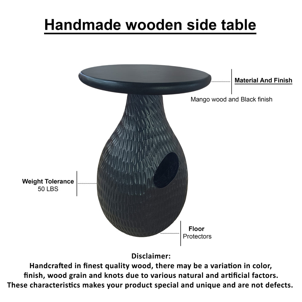 The Urban Port 14 Inch Side End Table, Artisan Handcrafted Mango Wood, Embossed Teardrop Shaped Base, Black