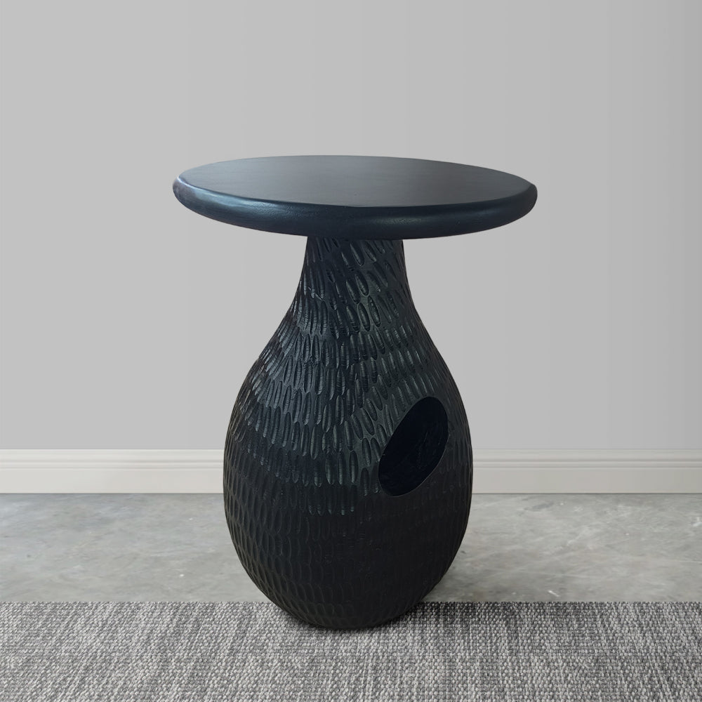 The Urban Port 14 Inch Side End Table, Artisan Handcrafted Mango Wood, Embossed Teardrop Shaped Base, Black