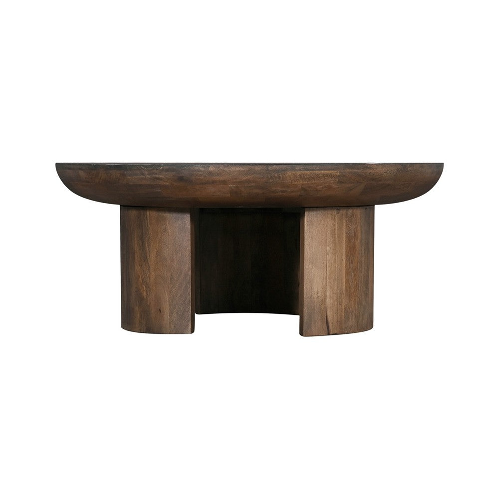 The Urban Port 35 Inch Coffee Table, Handcrafted Round Mango Wood Top, Modern Curved Tripod Legs, Walnut Brown