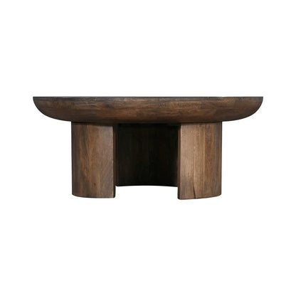The Urban Port 35 Inch Coffee Table, Handcrafted Round Mango Wood Top, Modern Curved Tripod Legs, Walnut Brown