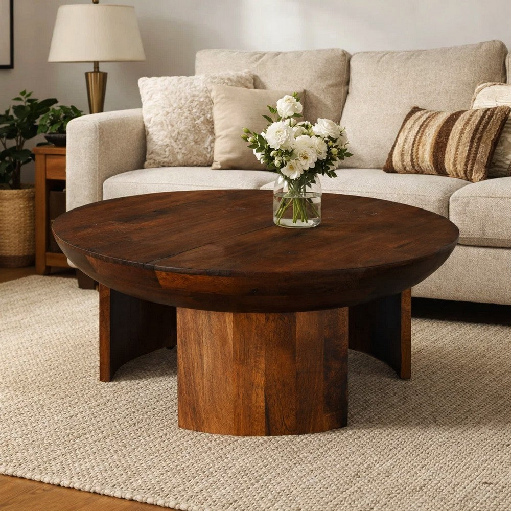 The Urban Port 35 Inch Coffee Table, Handcrafted Round Mango Wood Top, Modern Curved Tripod Legs, Walnut Brown