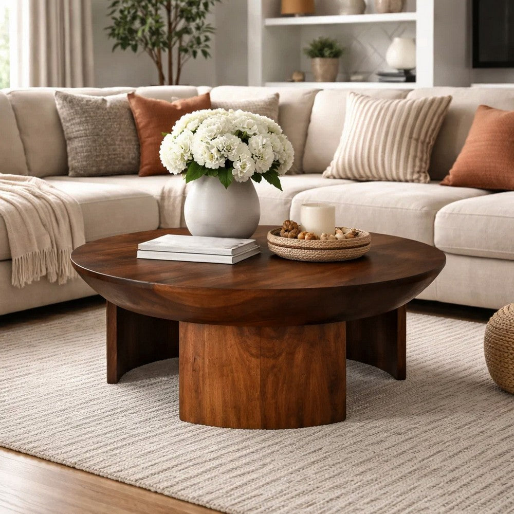 The Urban Port 35 Inch Coffee Table, Handcrafted Round Mango Wood Top, Modern Curved Tripod Legs, Walnut Brown