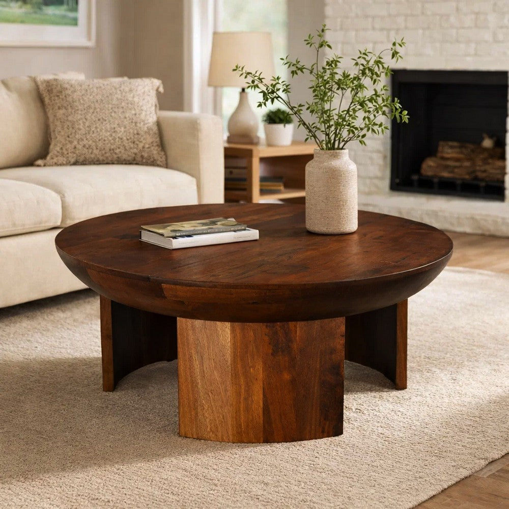 The Urban Port 35 Inch Coffee Table, Handcrafted Round Mango Wood Top, Modern Curved Tripod Legs, Walnut Brown