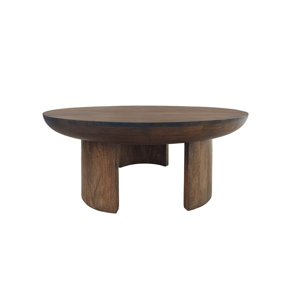 The Urban Port 35 Inch Coffee Table, Handcrafted Round Mango Wood Top, Modern Curved Tripod Legs, Walnut Brown
