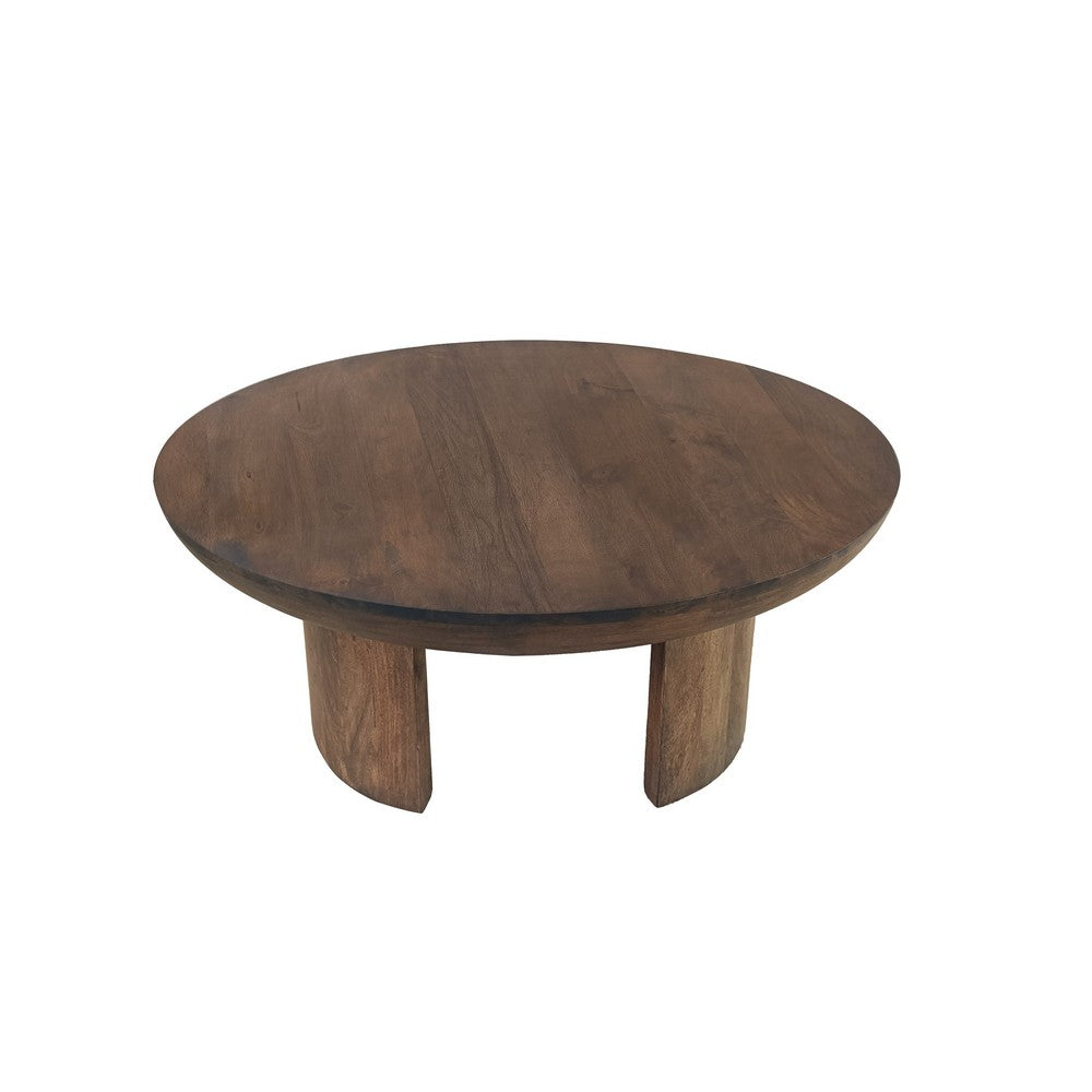 The Urban Port 35 Inch Coffee Table, Handcrafted Round Mango Wood Top, Modern Curved Tripod Legs, Walnut Brown