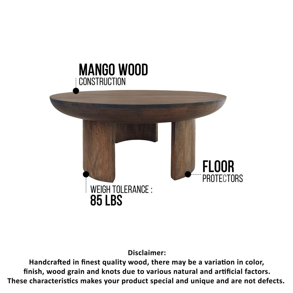The Urban Port 35 Inch Coffee Table, Handcrafted Round Mango Wood Top, Modern Curved Tripod Legs, Walnut Brown