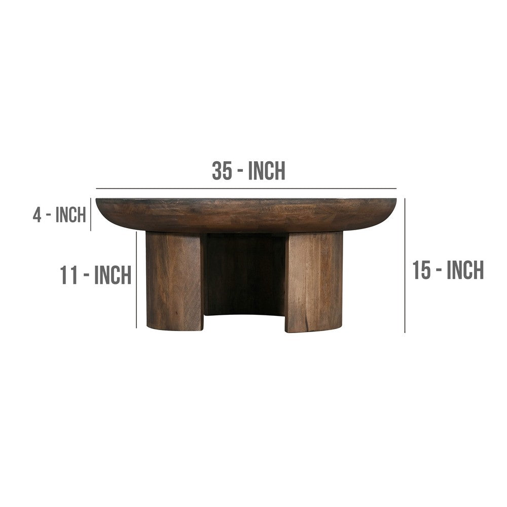 The Urban Port 35 Inch Coffee Table, Handcrafted Round Mango Wood Top, Modern Curved Tripod Legs, Walnut Brown