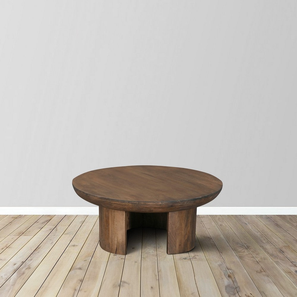 The Urban Port 35 Inch Coffee Table, Handcrafted Round Mango Wood Top, Modern Curved Tripod Legs, Walnut Brown