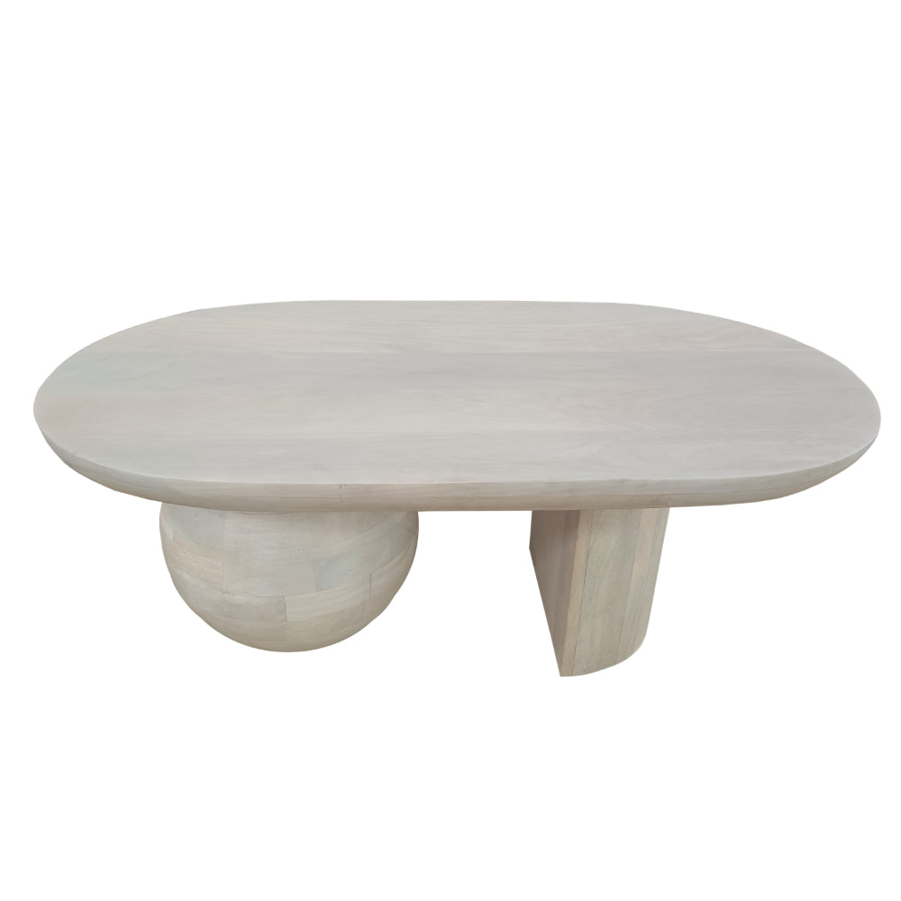 The Urban Port 38 Inch Coffee Table, Oblong Mango Wood Top with a Modern Ball Leg, Washed White