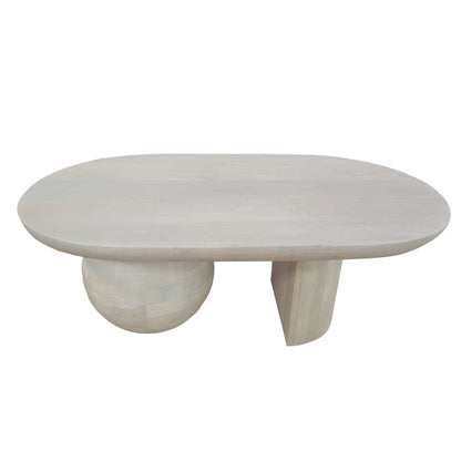 The Urban Port 38 Inch Coffee Table, Oblong Mango Wood Top with a Modern Ball Leg, Washed White