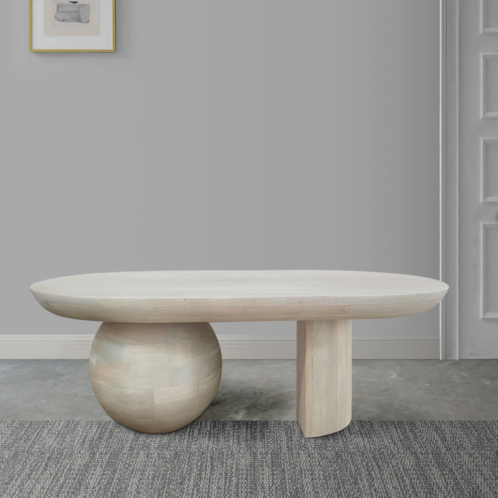 The Urban Port 38 Inch Coffee Table, Oblong Mango Wood Top with a Modern Ball Leg, Washed White