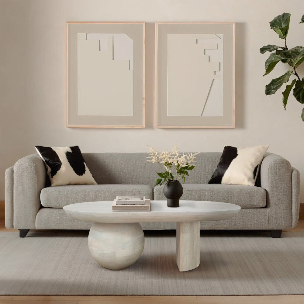 The Urban Port 38 Inch Coffee Table, Oblong Mango Wood Top with a Modern Ball Leg, Washed White