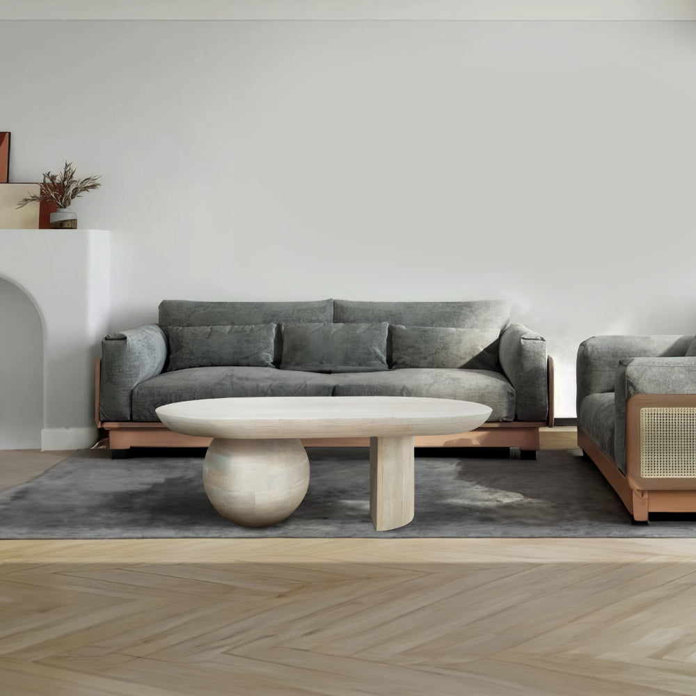 The Urban Port 38 Inch Coffee Table, Oblong Mango Wood Top with a Modern Ball Leg, Washed White