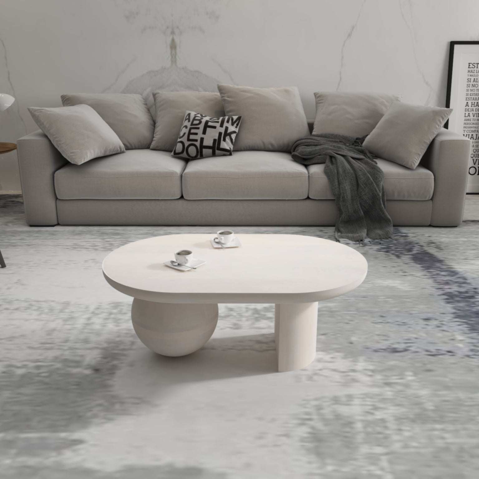The Urban Port 38 Inch Coffee Table, Oblong Mango Wood Top with a Modern Ball Leg, Washed White