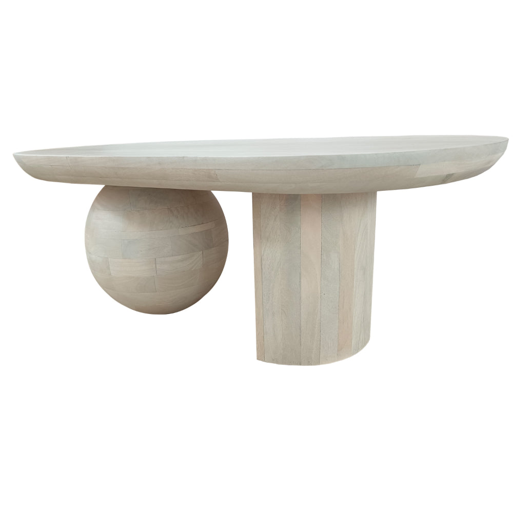 The Urban Port 38 Inch Coffee Table, Oblong Mango Wood Top with a Modern Ball Leg, Washed White