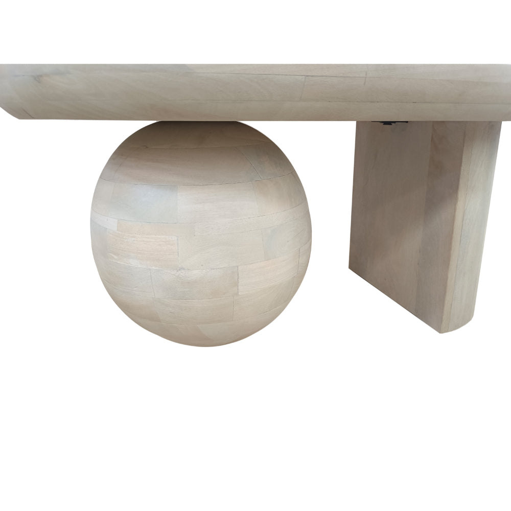 The Urban Port 38 Inch Coffee Table, Oblong Mango Wood Top with a Modern Ball Leg, Washed White