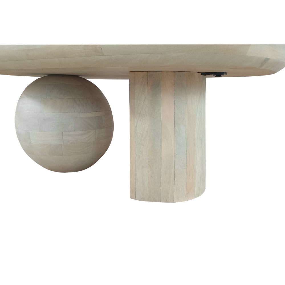 The Urban Port 38 Inch Coffee Table, Oblong Mango Wood Top with a Modern Ball Leg, Washed White