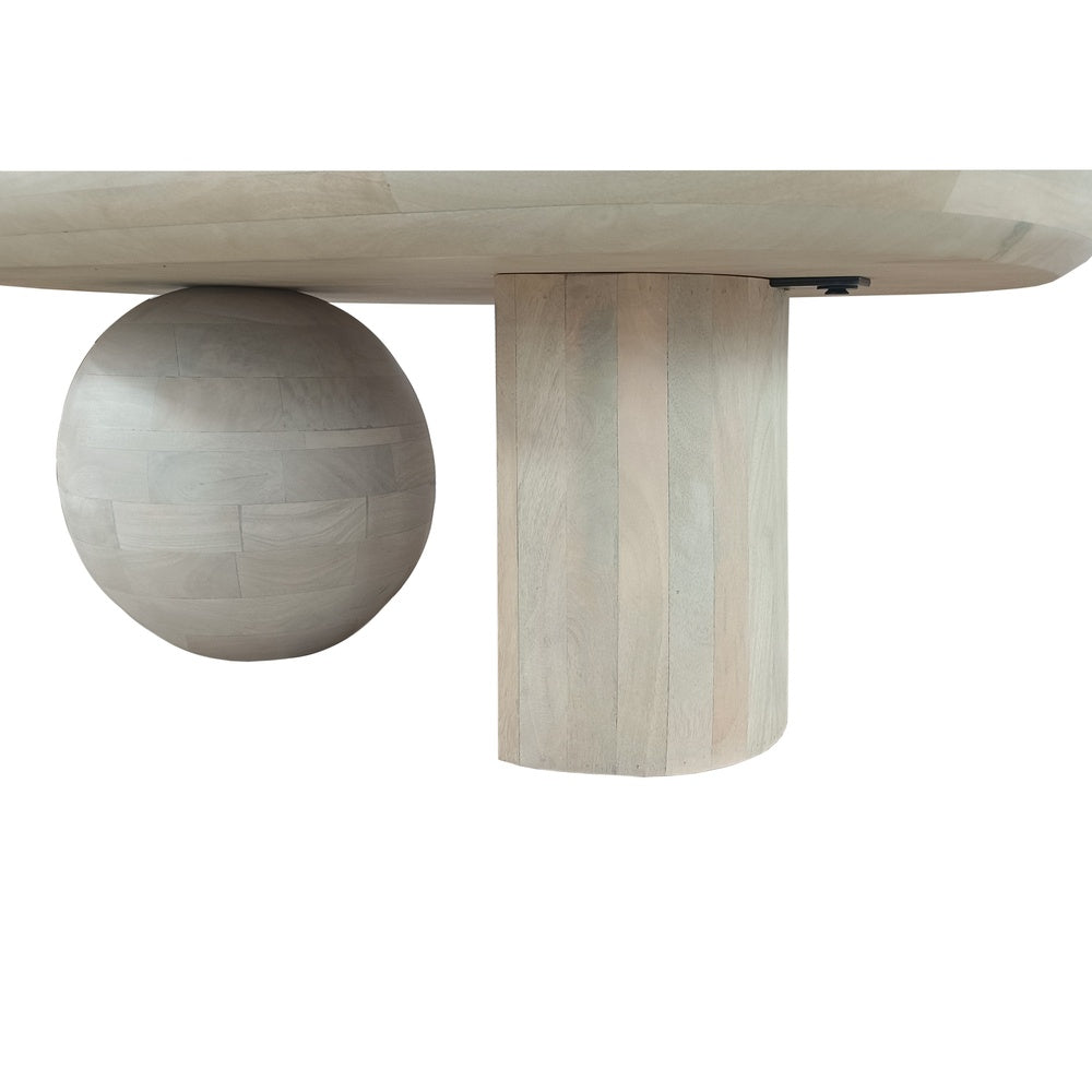 The Urban Port 38 Inch Coffee Table, Oblong Mango Wood Top with a Modern Ball Leg, Washed White