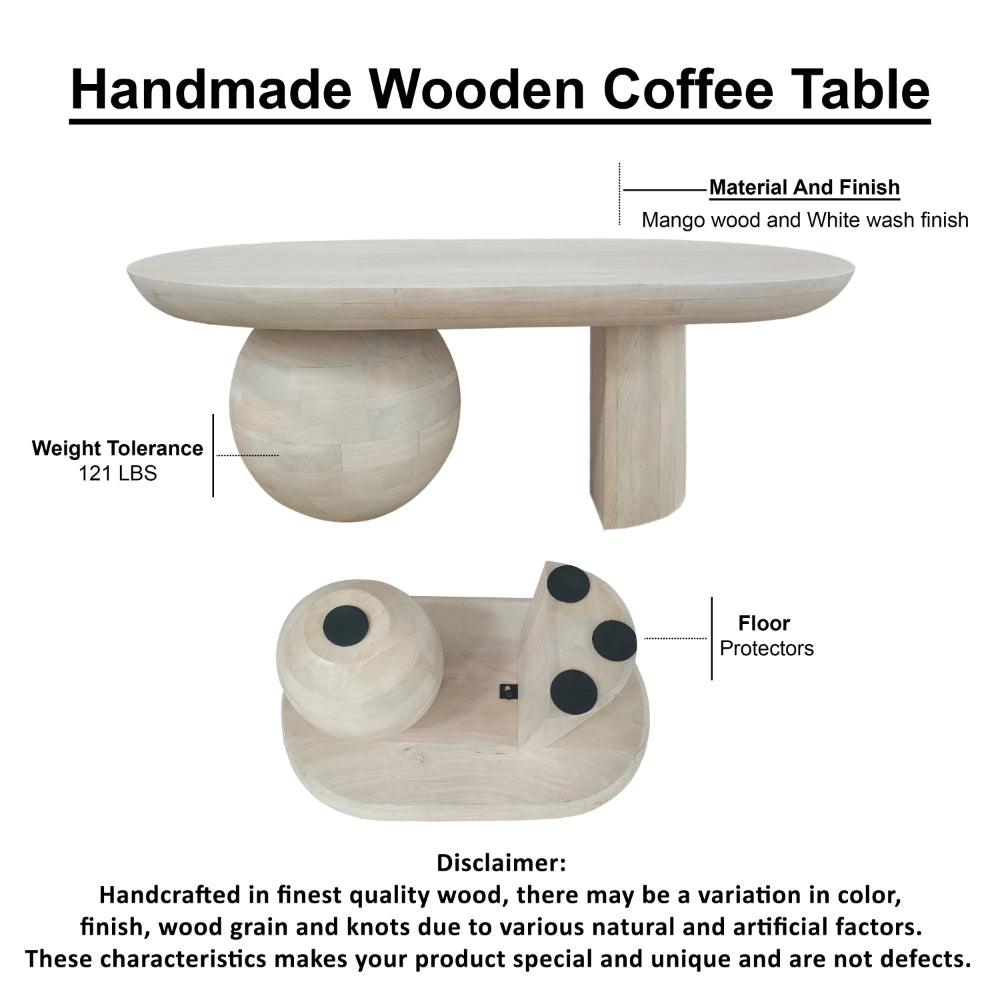 The Urban Port 38 Inch Coffee Table, Oblong Mango Wood Top with a Modern Ball Leg, Washed White