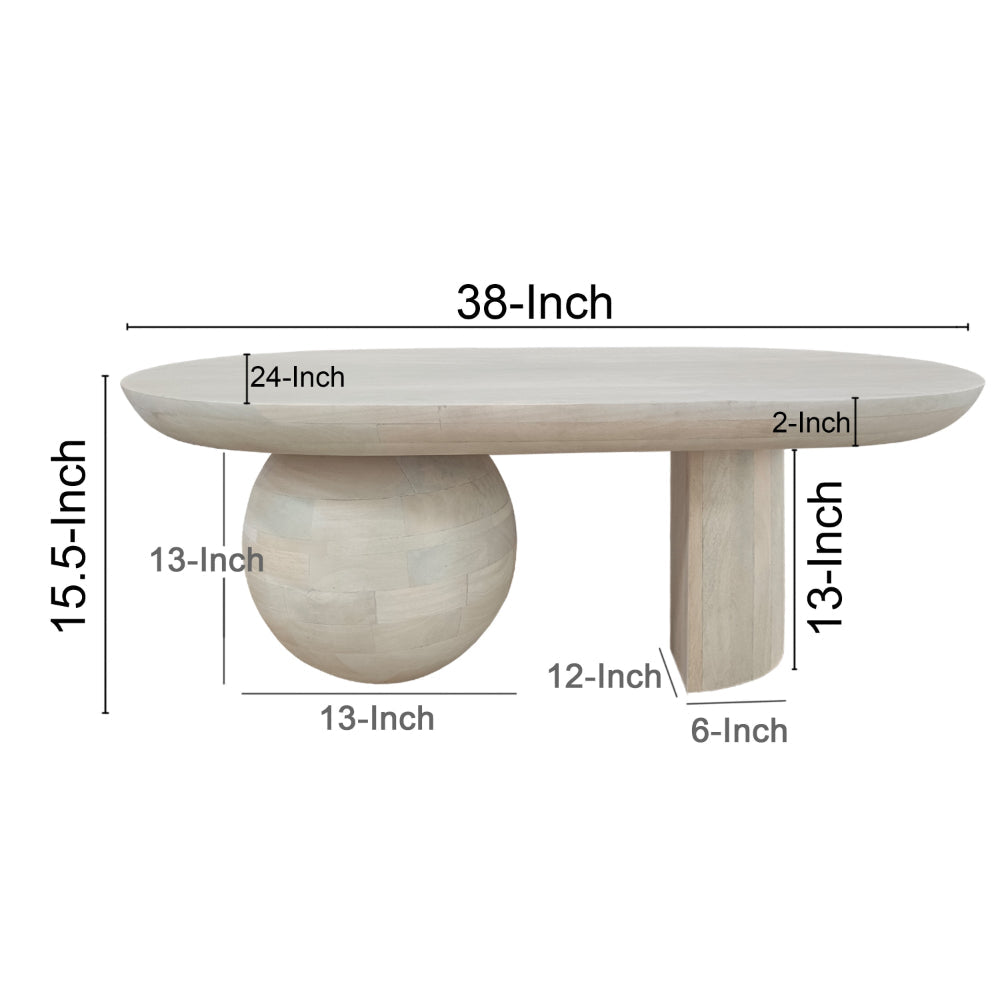 The Urban Port 38 Inch Coffee Table, Oblong Mango Wood Top with a Modern Ball Leg, Washed White