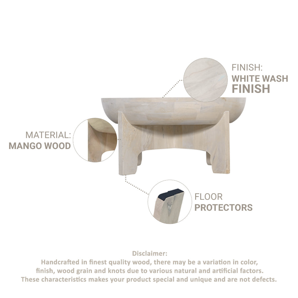 The Urban Port Tomas 32 Inch Coffee Table, Mango Wood Drum Top, Classic Washed White