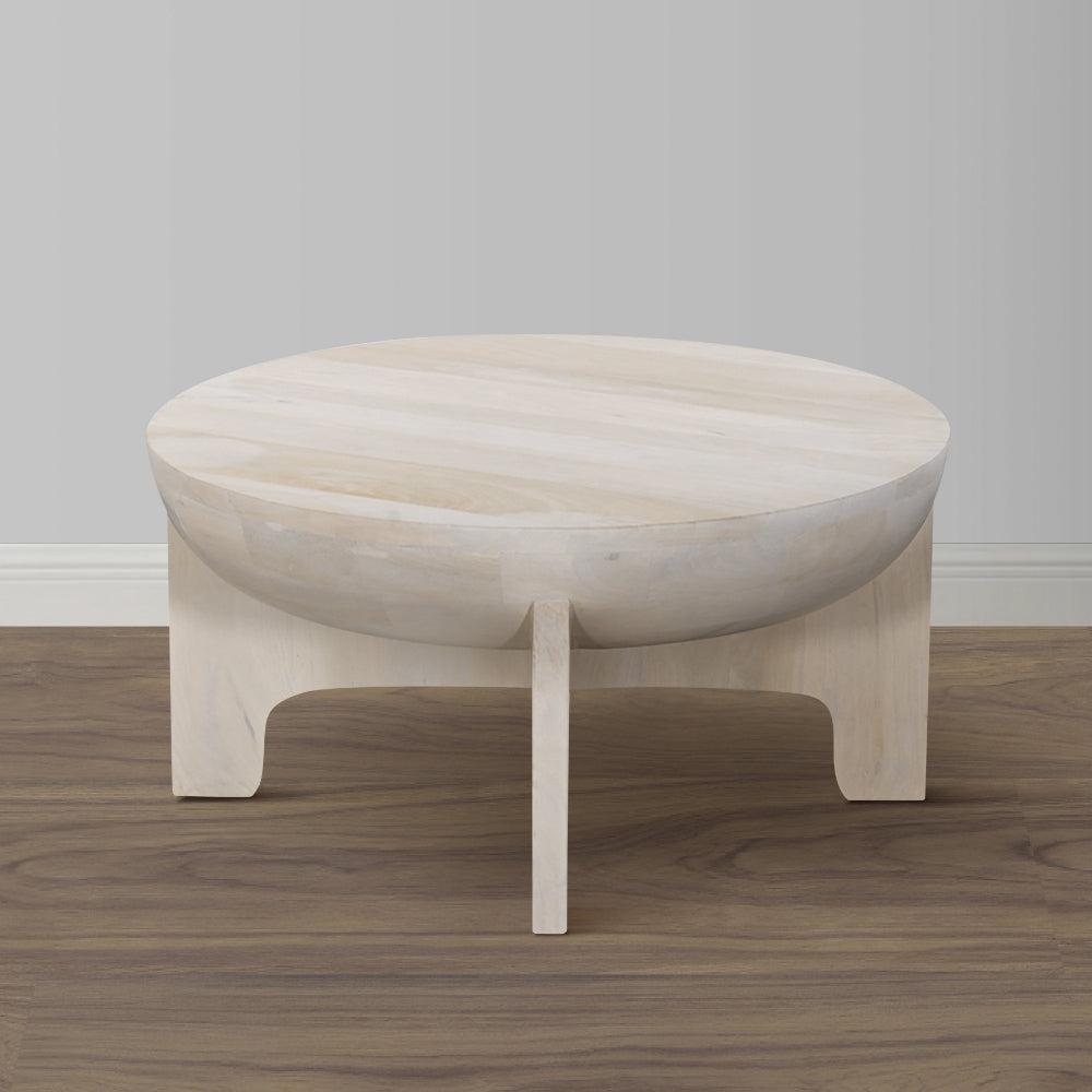 The Urban Port Tomas 32 Inch Coffee Table, Mango Wood Drum Top, Classic Washed White