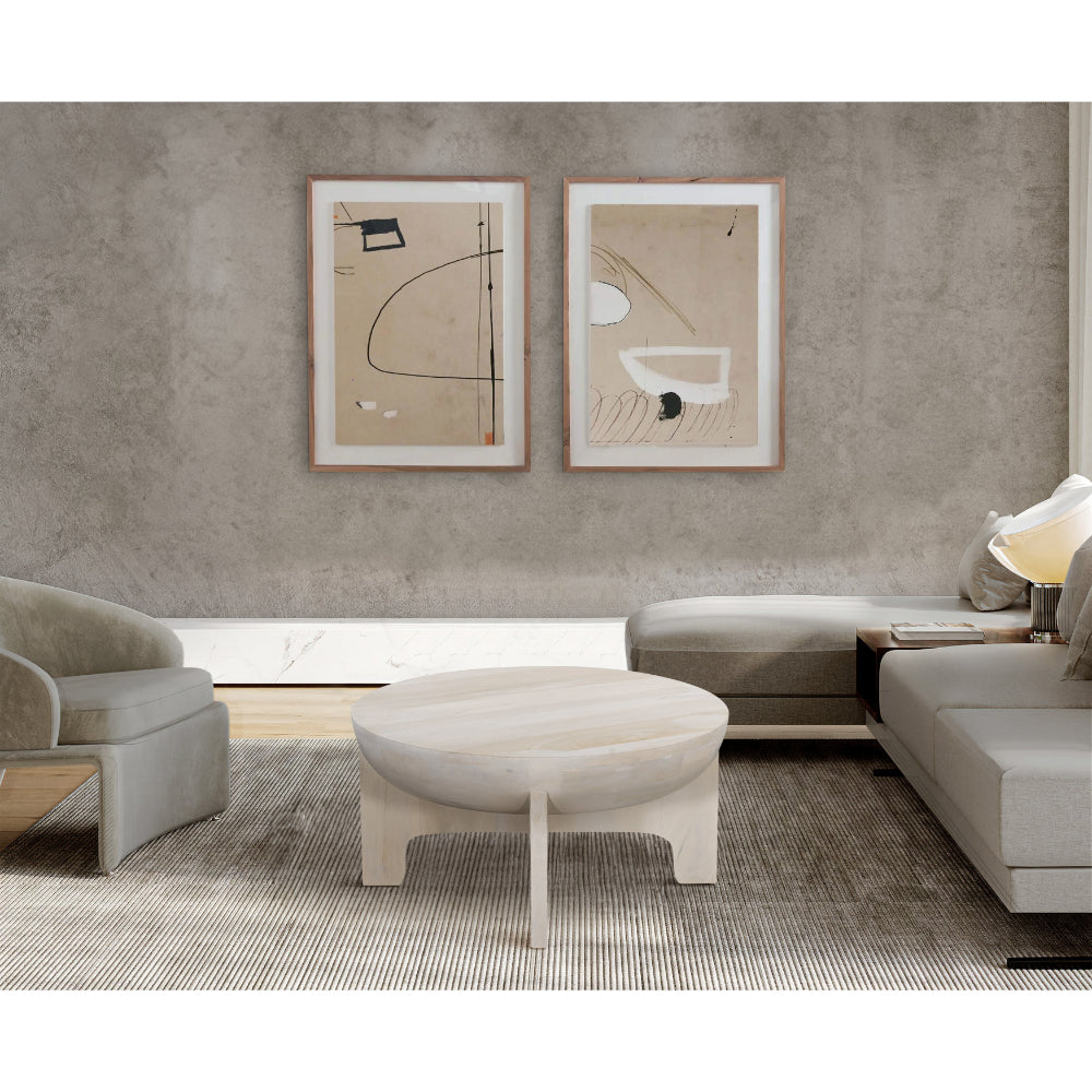 The Urban Port Tomas 32 Inch Coffee Table, Mango Wood Drum Top, Classic Washed White