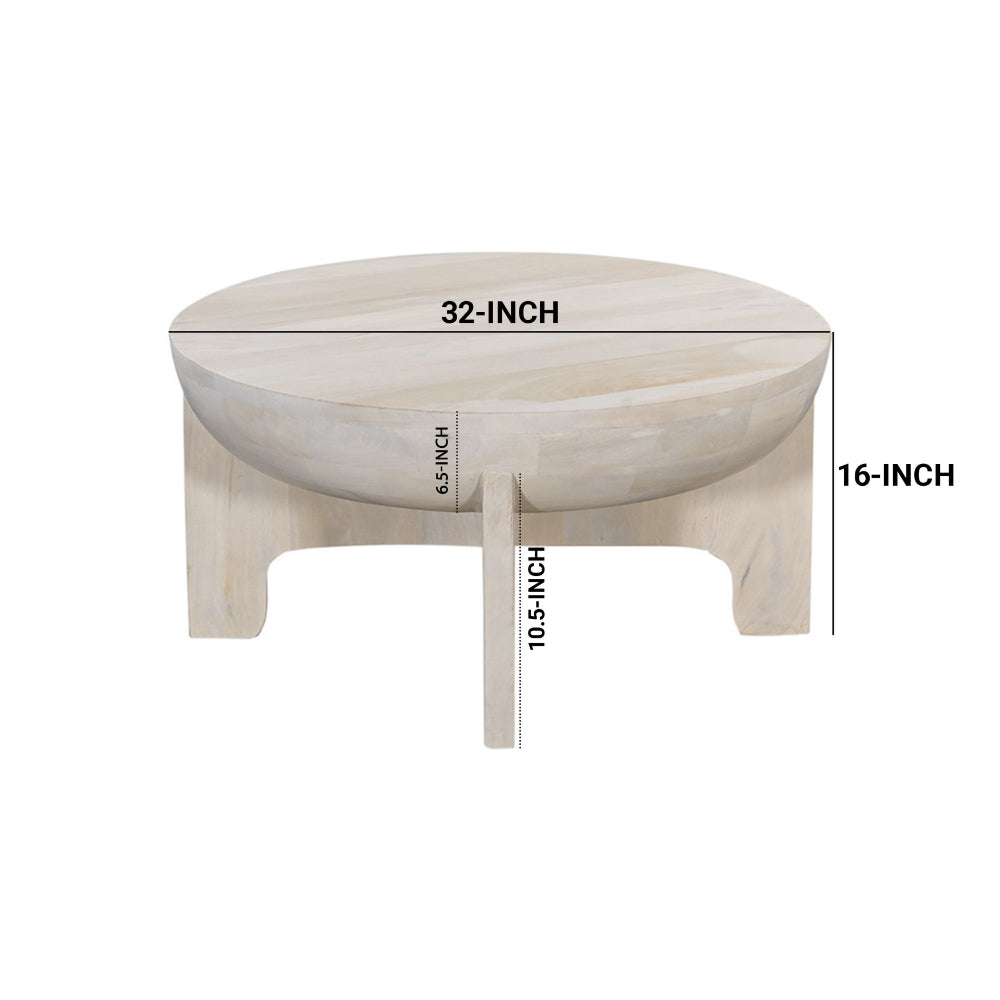 The Urban Port Tomas 32 Inch Coffee Table, Mango Wood Drum Top, Classic Washed White