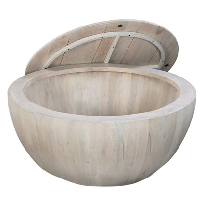 The Urban Port 37 Inch Round Coffee Table, Handcrafted Drum Shape with Storage, Washed White Mango Wood