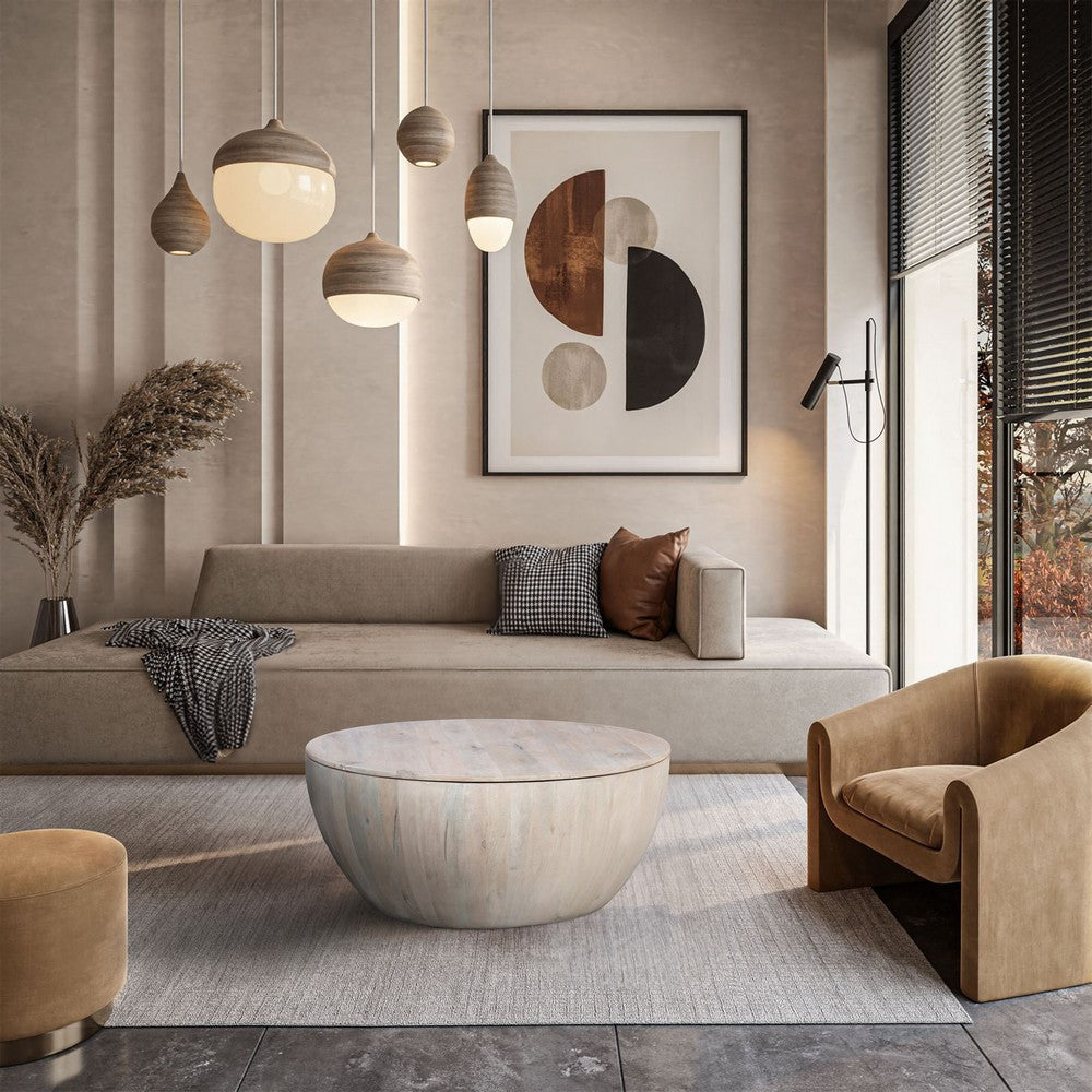 The Urban Port 37 Inch Round Coffee Table, Handcrafted Drum Shape with Storage, Washed White Mango Wood